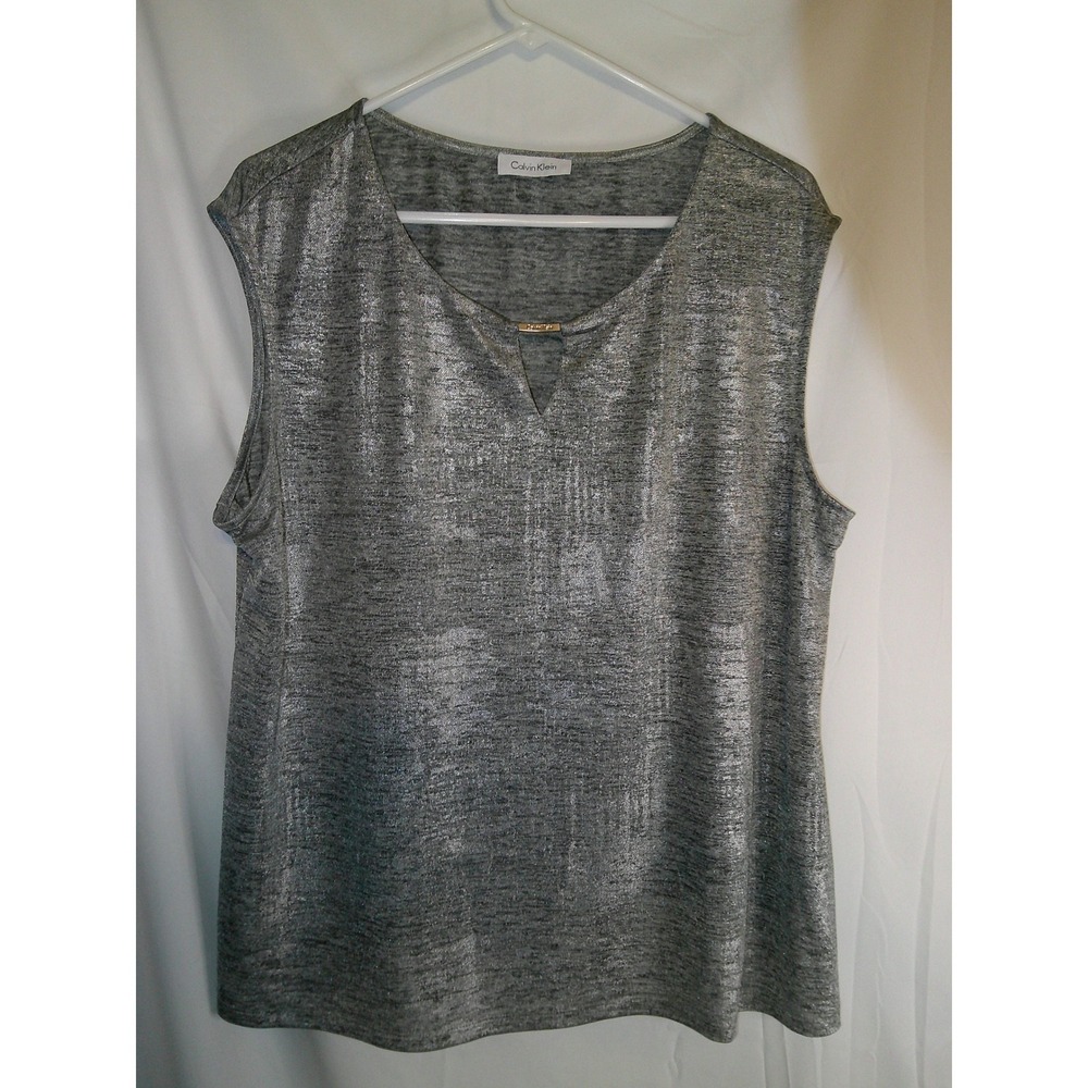 Calvin Klein Metallic Sleeveless Top V-Neck Blouse Sparkle Silver Size 2X‎